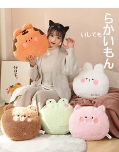 Detailed lifestyle view of various cute animal plush pillows in a cozy home setting
