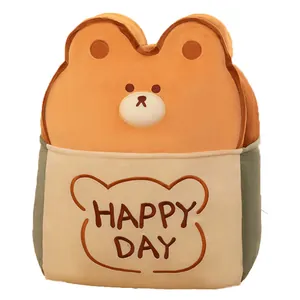 Soft bear toast plush pillow featuring cute Happy Day embroidery on white background