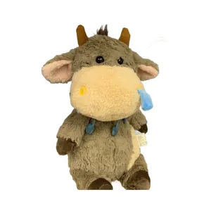 Cute cow plush toy with sad office worker expression on white background