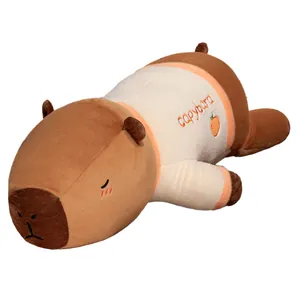 Cute long capybara plush toy pillow with embroidered shirt for bed backrest support