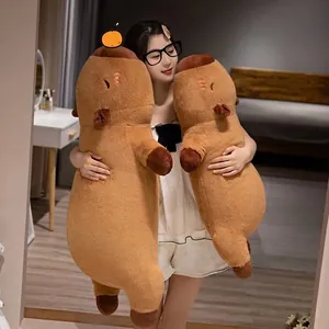 Adorable giant capybara long plush pillow bolster for sleeping held by a girl