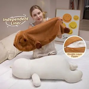 Soft brown capybara plush body pillow with white removable inner liner and double zippers.