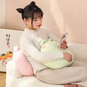 Soft plush animal throw pillows featuring a cute green frog and pink cushion for home