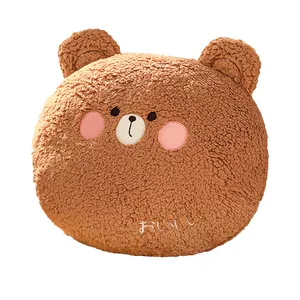 Cute brown bear animal plush pillow with soft sherpa fleece texture and round shape
