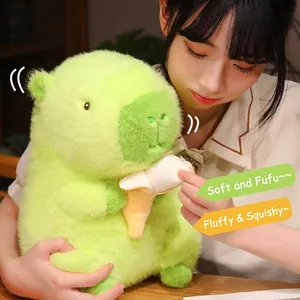 Cute green capybara plush toy holding a banana, soft stuffed animal gift for boys and girls.