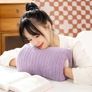 Soft purple knitted hand warmer pillow plush toy for office nap and winter warmth