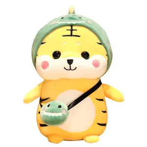 Morbido peluche di tigre gialla con felpa da dinosauro verde e borsa a tracolla per bambini