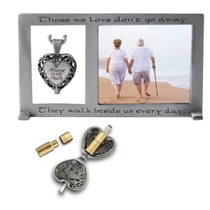 Stainless Steel Memorial Photo Frame And Heart Cremation Urn Necklace Set Always In My Heart Engraved Pendant For Pets Humans