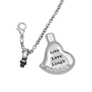 Stainless steel cremation necklace for ashes with Live Love Laugh heart pendant