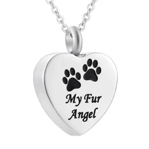 Stainless Steel Heart Urn Necklace For Pet Ashes Memorial Keepsake Pendant With Paw Print My Fur Angel Engraved Design