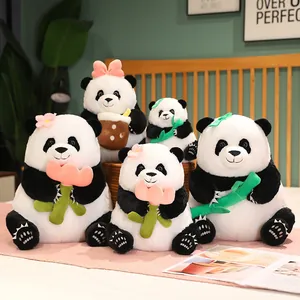 Set of adorable panda plush toys holding tulips and bamboo stalks for kids gift