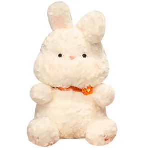 Soft and fluffy white milk cap rabbit plush toy featuring an orange scarf with flower