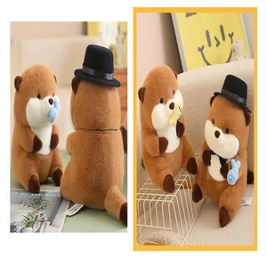 Multiple views of cute capybara plush toys wearing top hats and holding little fish