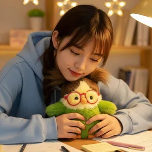 Adorable fluffy green bird plush doll with red glasses in a cozy home study setting