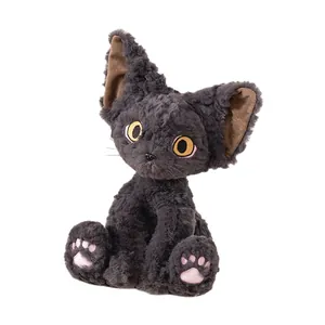 Adorable dark grey Devon Rex plush cat toy featuring curly fur and large expressive yellow eyes