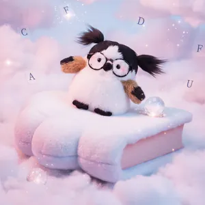 Adorable fluffy bird plush toy with round glasses and pigtails in a dreamy pink cloud scene