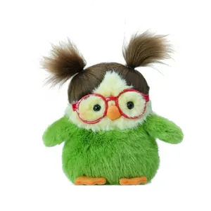 Cute green fat bird plush toy with messy pigtails and red round glasses.