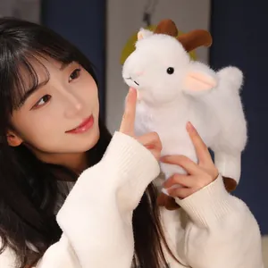 Realistic white plush goat stuffed animal toy, soft fluffy sheep doll held by a model