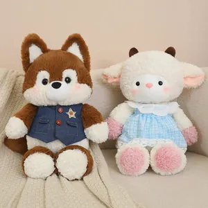 Adorable plush wolf and sheep toys wearing cute outfits on a cozy home sofa background
