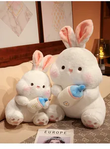 Cute white rabbit plush toy with milk bottle, soft stuffed animal for babies and children