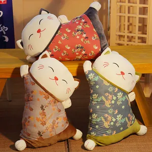 Estilo Japonés Gato de la Suerte 2 en 1 Cojín Manta Peluche Franela Multiusos Floral Plegable Almohada de Siesta para Oficina Hogar Coche
