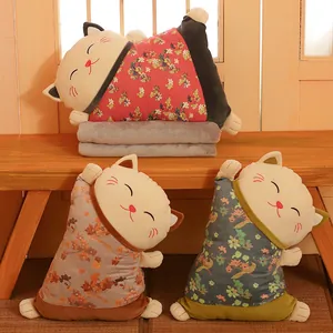 Tres lindos cojines y mantas 2 en 1 de Maneki-neko japonés para la oficina y el hogar