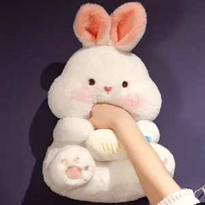 Soft white bunny plush toy holding a milk bottle, adorable cartoon stuffed rabbit doll.