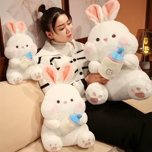 Cute plush bunny toy with milk bottle in multiple sizes, soft white stuffed rabbit dolls.