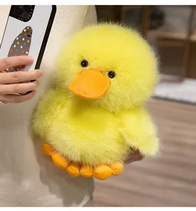 Close-up of a soft and fluffy yellow duck plush toy showing detailed fur texture