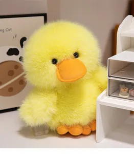 Detailed close-up of a fluffy yellow duck plush toy featuring soft fur and orange beak