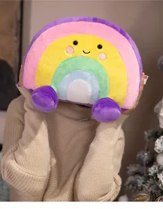 Close-up of a soft colorful rainbow plush pillow with a cute smiling face being held