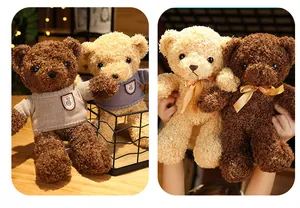 Soft curly plush teddy bears in brown and cream colors with ribbon and sweater detail