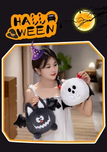 Asian model holding funny Halloween plush bat and ghost toys in festive setting