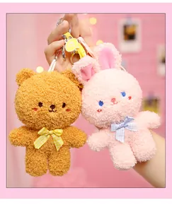 Cute plush bunny and bear keychains with checkered bows, featuring soft fluffy texture