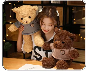 Asian model holding two cute teddy bear plushies wearing sweaters in warm indoor setting