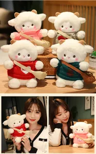 Close-up of soft pork lamb plush dolls in various knitted sweaters and accessories