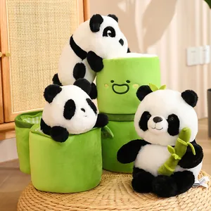 Soft and cuddly panda plush toy set featuring green bamboo tubes and a bamboo stalk