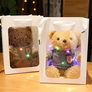 Small teddy bear plush toy set in white gift bags with LED fairy lights for gifts