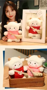 Soft plush sheep doll wearing a cozy knit sweater and a small crossbody bag accessory