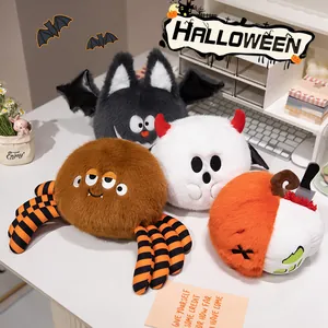 Collection of four quirky Halloween plush toys: bat, spider, ghost, and pumpkin