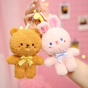 Cute plush brown bear and pink rabbit keychains with bow ties for school bags and keys