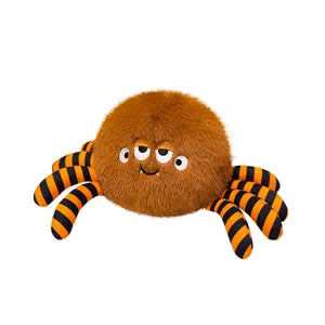 Funny round Halloween plush spider toy featuring vibrant orange and black striped legs