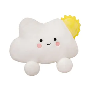 Cute white cloud plush pillow with a smiling face and yellow sun decoration.