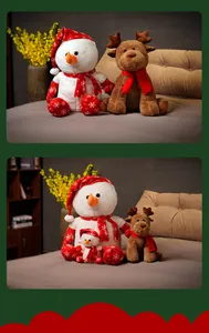 Warm indoor setting featuring soft snowman and reindeer plush toys for Christmas decor