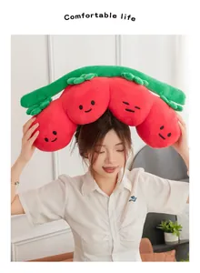 Cute vegetable plush pillow with cartoon tomato faces held by a model in a cozy room