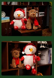 Cozy home setting featuring Christmas snowman and reindeer plush toys on a wooden shelf.