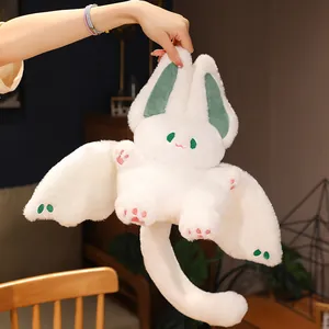 Cute white plush flying bat rabbit stuffed toy with green ears and soft fluffy wings