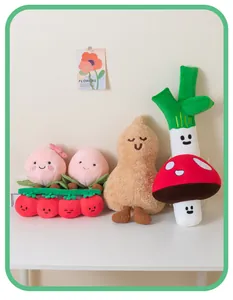 Collection of cute vegetable plush pillows including tomato, leek and mushroom shapes