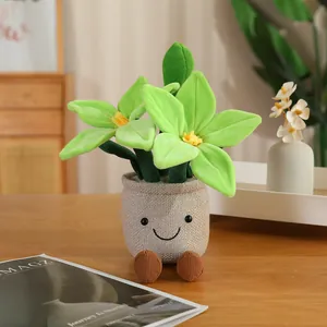 Pianta grassa creativa in peluche verde con viso sorridente per decorazione casa