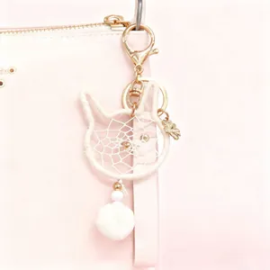 Cute Cat Head Dreamcatcher Keychain With White Plush Ball Hand-woven Cotton Bag Charm For Women Girls Gift Bohemian Accessory